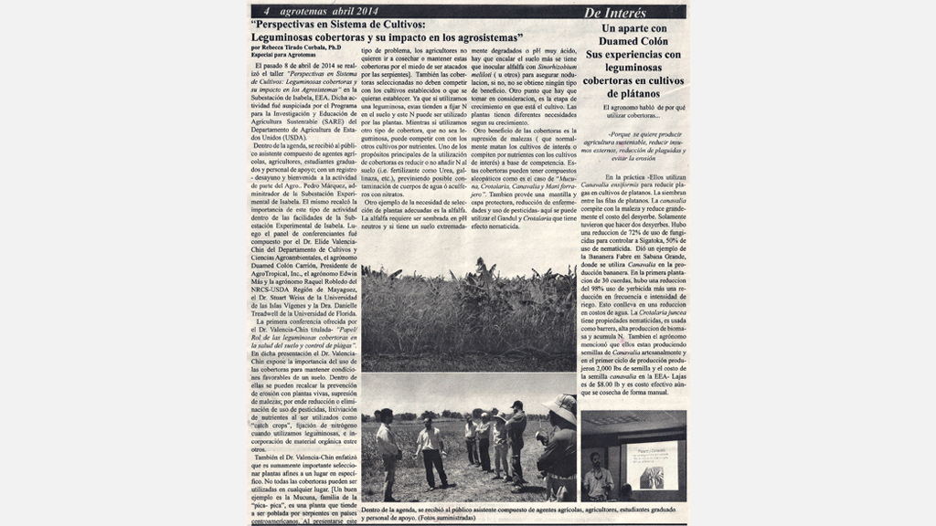 2014. Duamed es entrevistado sobre sus experiencias con leguminosas cobertoras en cultivos de plátanos.